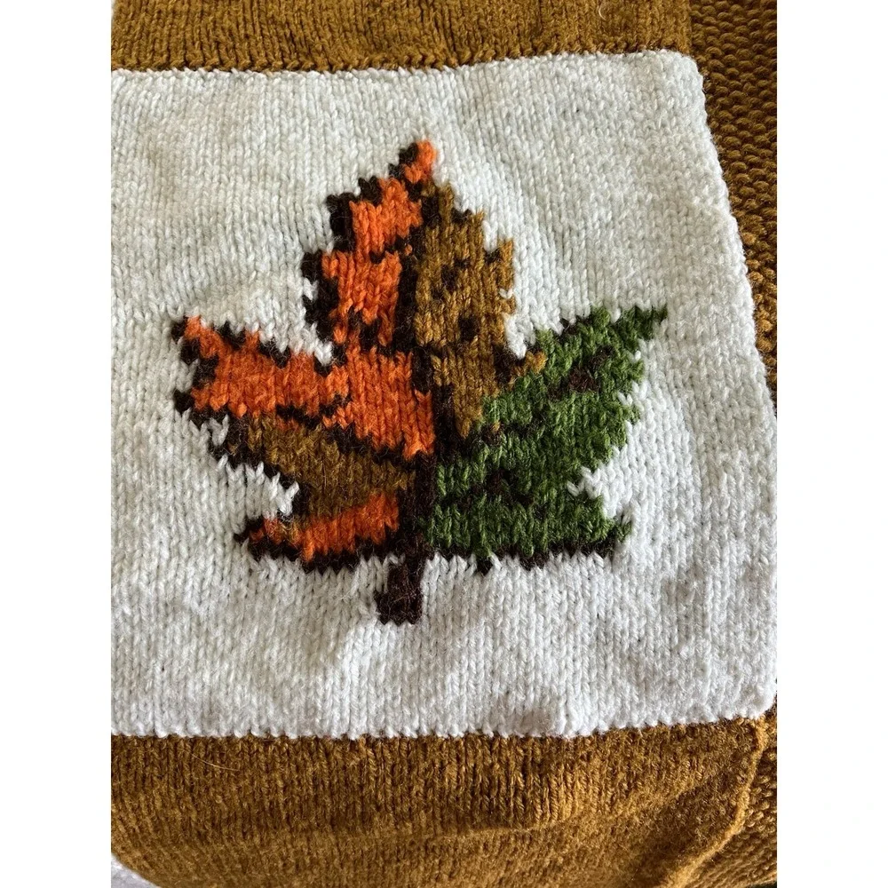 Hand-made Vintage Knitted Fall Colors Maple Leaf  Afghan Throw 65